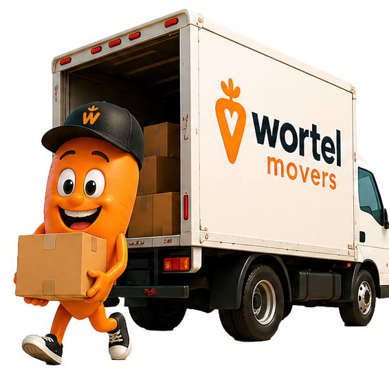 Carrot mover standing beside a Wortel Movers truck